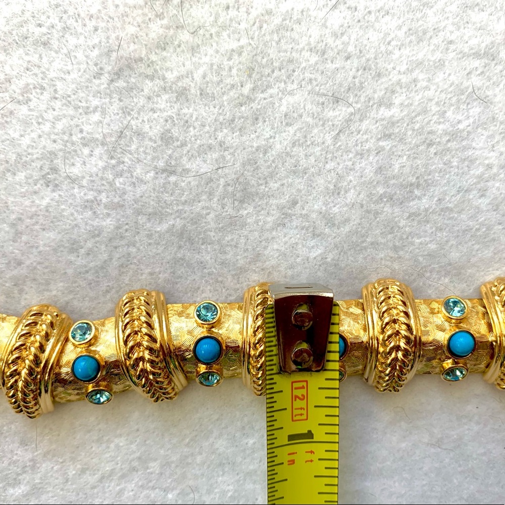 Beautiful Brushed Gold Bracelet, 8” Look of Blue Topaz and Turquoise - Picture 3 of 7